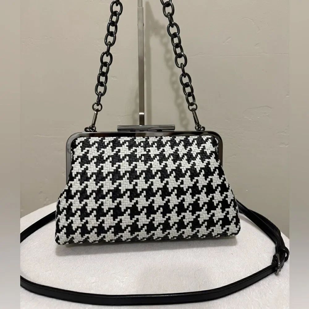 Houndstooth Woven Lambskin Push Lock Clutch/Shoulder Bag/Crossbody/Evening Bag